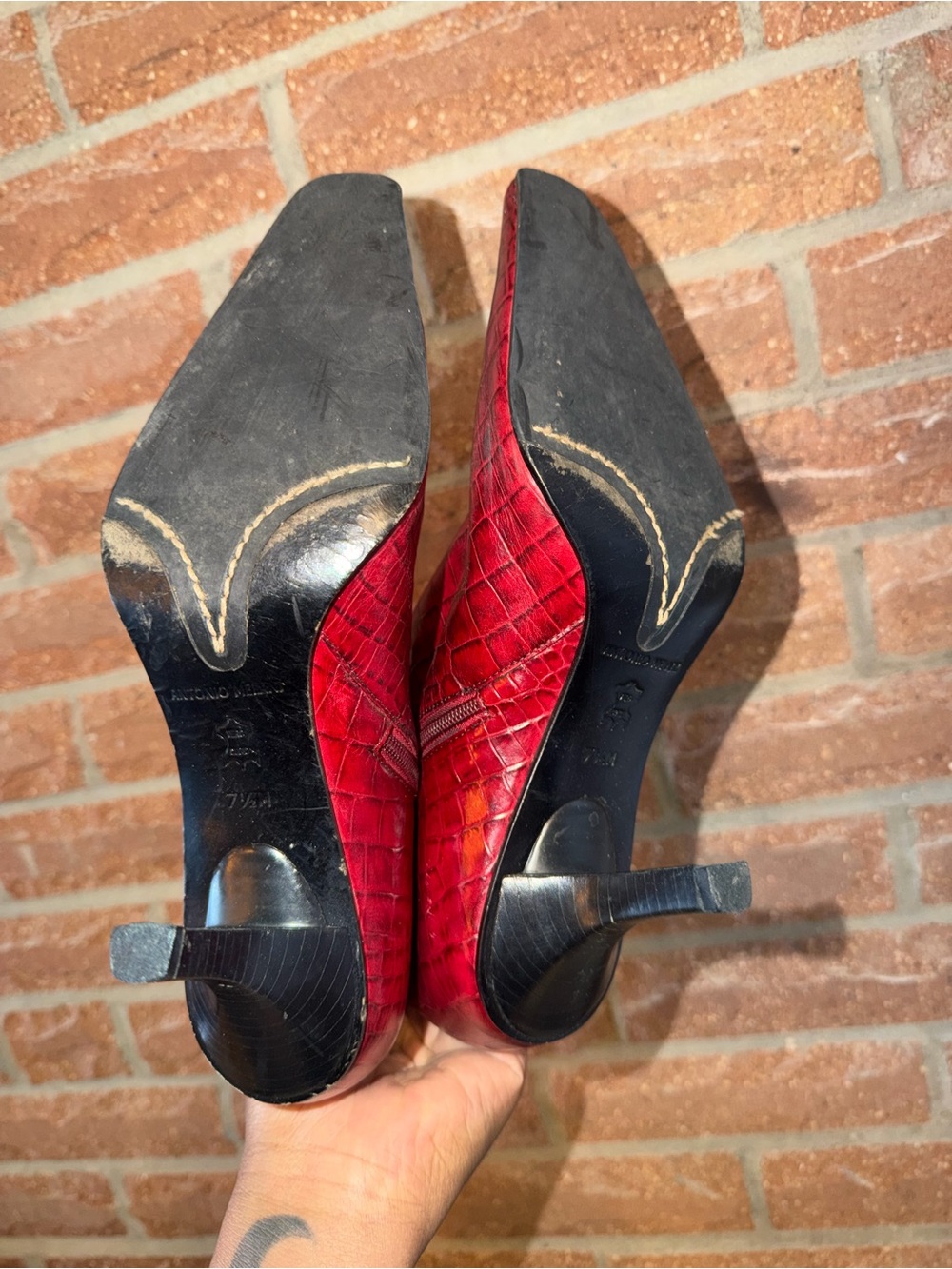 ANTONIO MELANI Red Croc-Embossed Mid-Calf Heel Boots - Picture 7 of 7